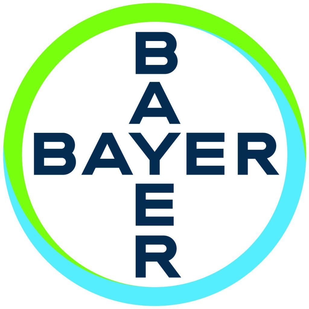 Het Bayer-logo: donkerblauwe "BAYER" in een witte cirkel, omlijst door een groen-blauwe ring.