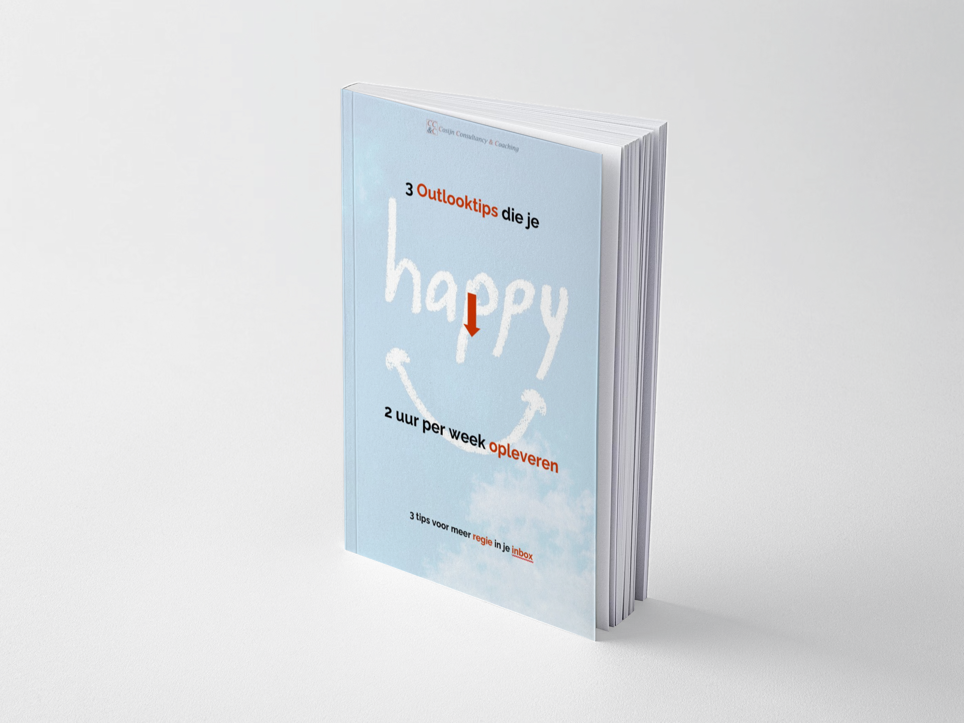 Lichtblauwe boekomslag met het woord 'happy' in witte en oranje letters.