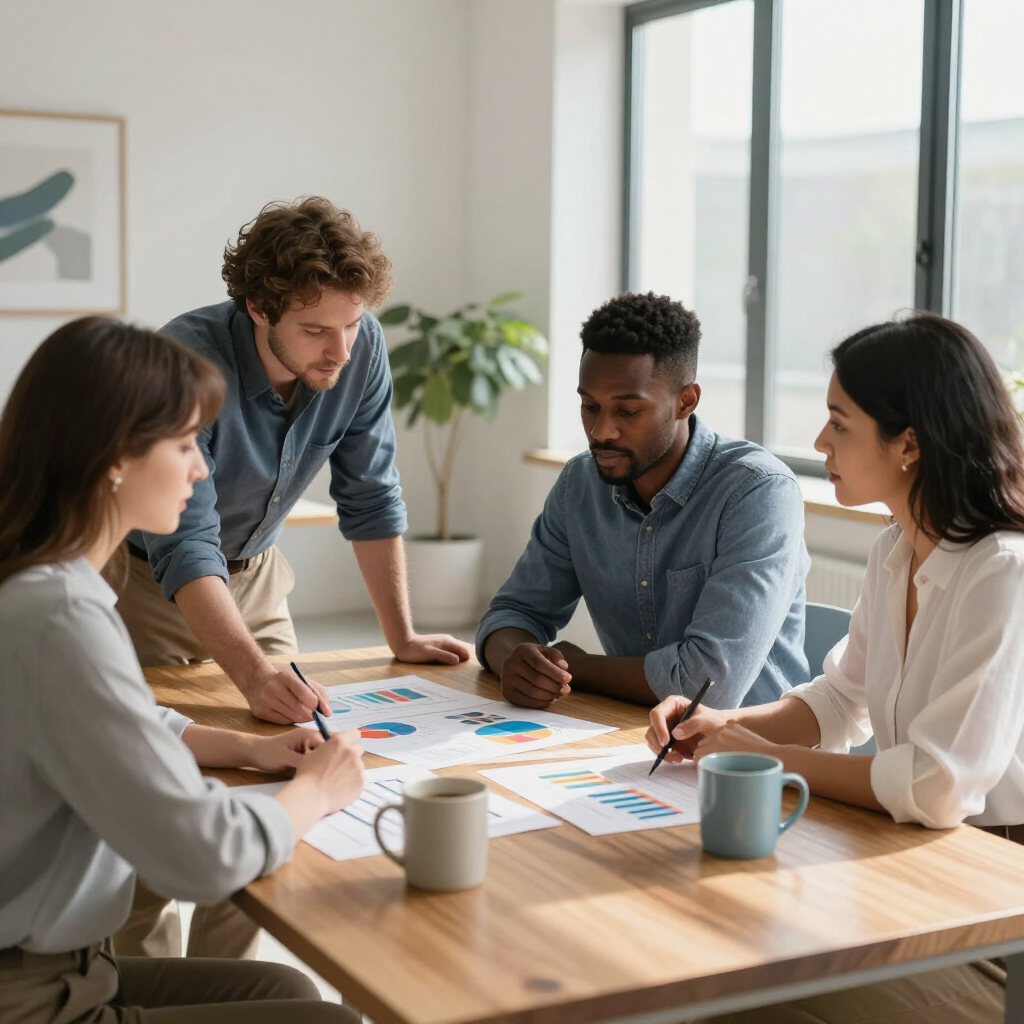 Vier collega's werken samen rond een tafel met grafieken en maken aantekeningen in een lichte kantoorruimte.