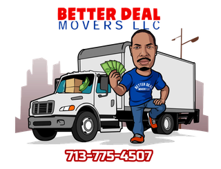 Better Deal Movers LLC logo with cartoon moving truck, man holding cash, and phone number 713-775-4507
