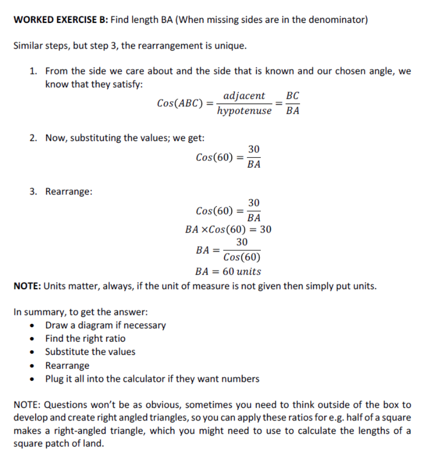 Worksheet with trigonometry steps solving for side BA using cosine and a right triangle diagram.