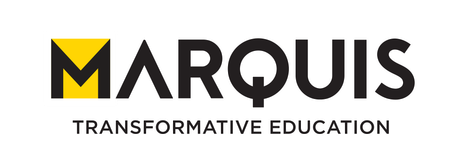 Marquis Transformative Education logo with black and gold geometric M icon and text
