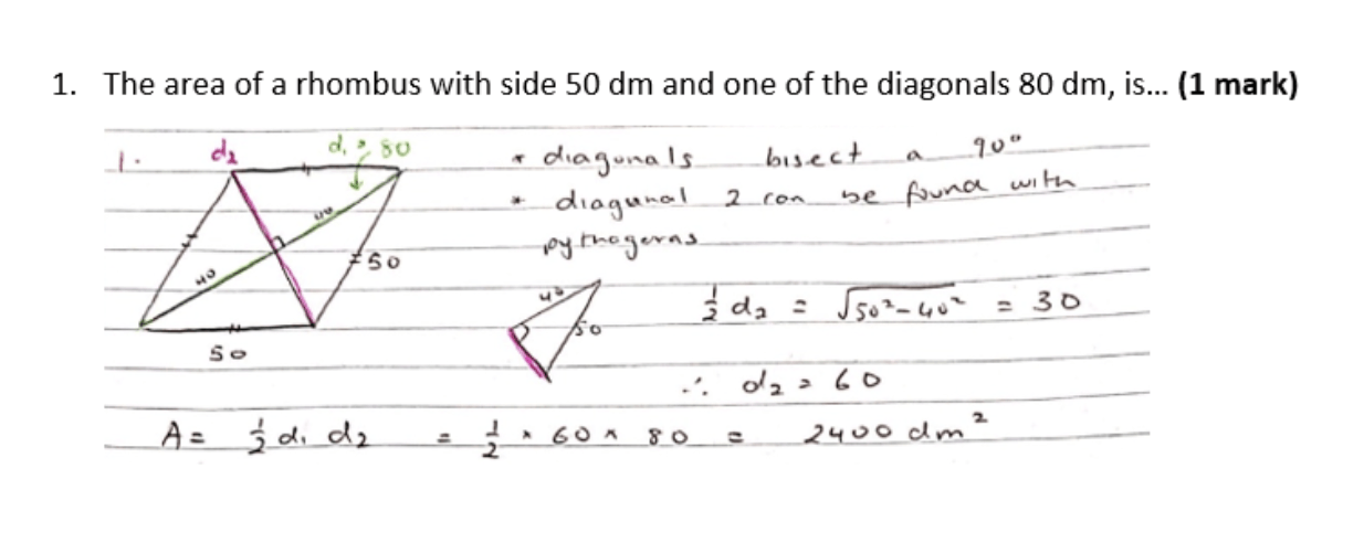 Handwritten math solution for a rhombus area problem with diagrams and calculations