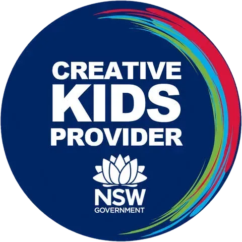 Creative Kids Provider NSW Government logo in blue circle with colorful brush-stroke accents