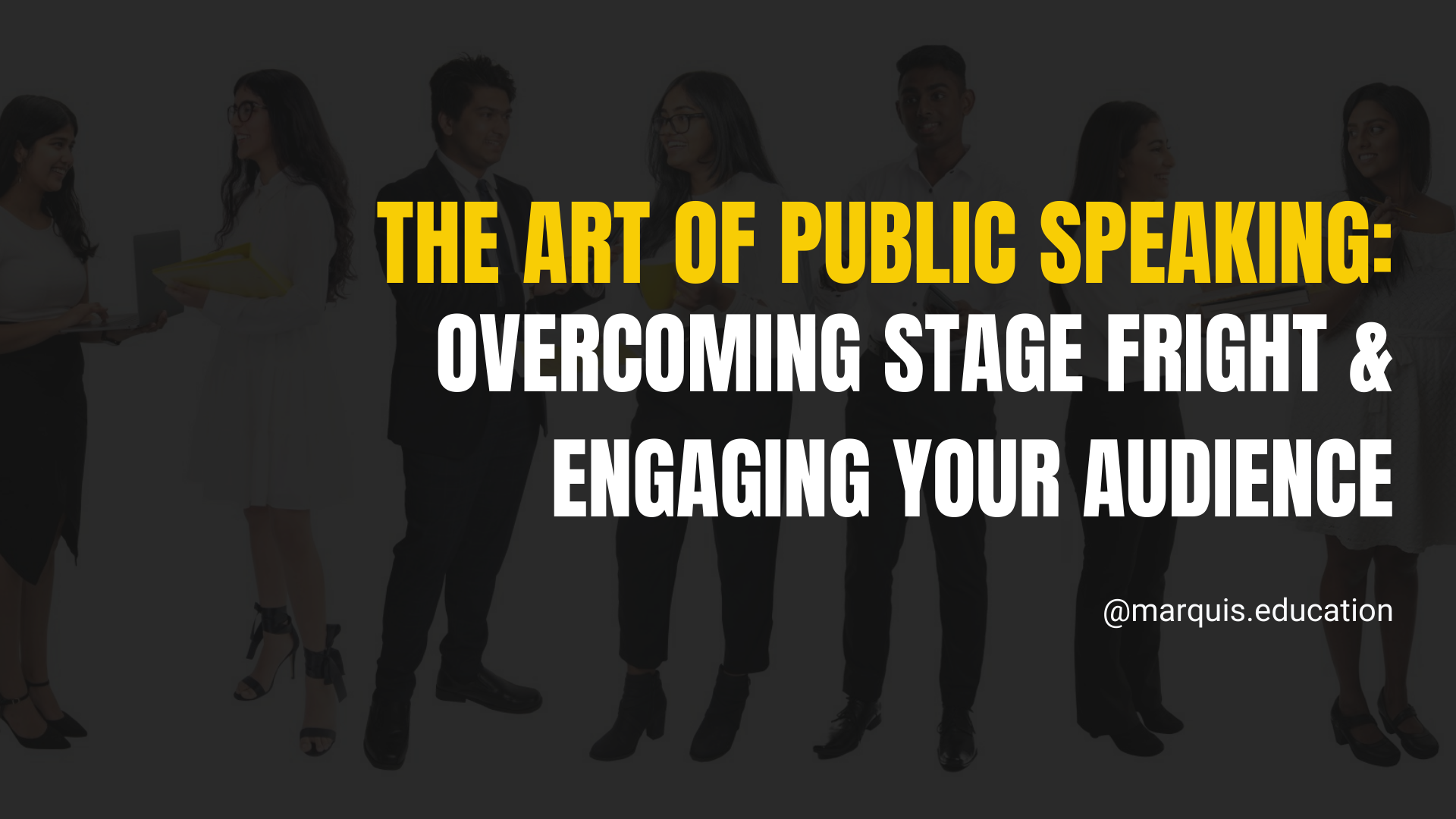 Public speaking title slide with silhouetted speakers and audience on a dark background