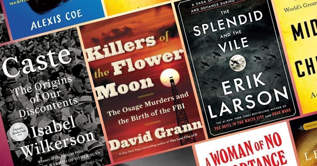 Assorted bestselling book covers arranged diagonally, including Caste, Killers of the Flower Moon, and Splendid and Vile
