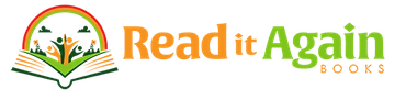 Logo for "Read it Again Books" with open book and people under a rainbow.