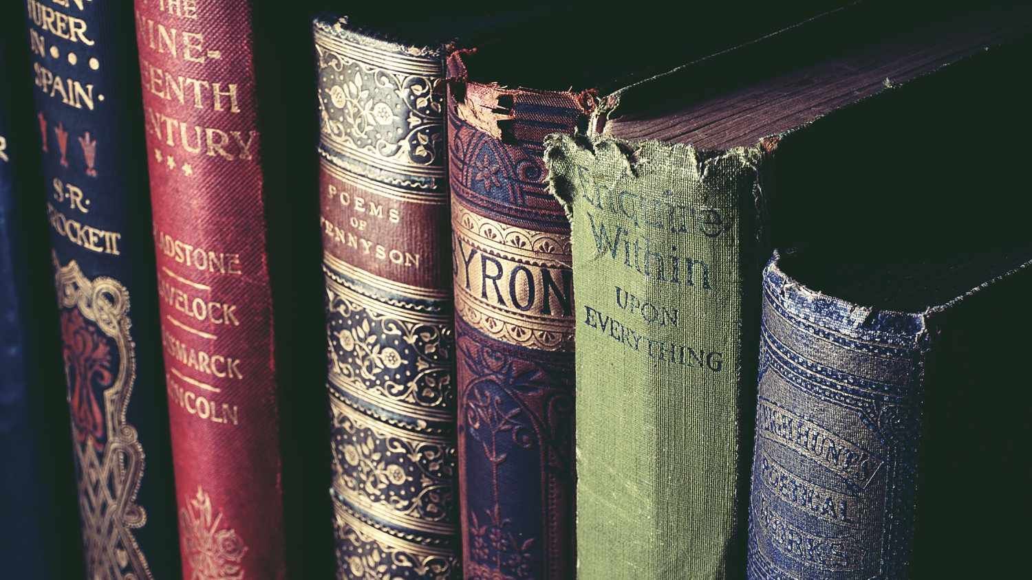 Row of old leather-bound books with worn, colorful spines on a dark shelf