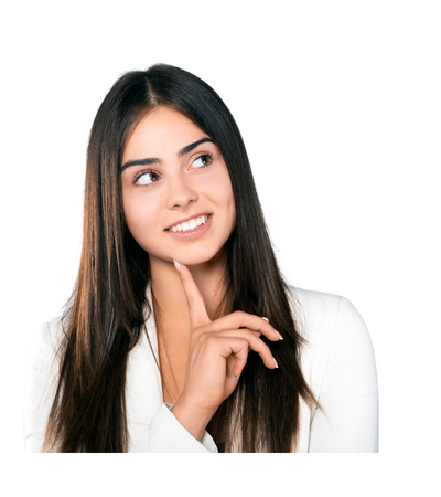 A person with long dark hair smiles and looks upward while resting their chin on an index finger. Isolated on white.