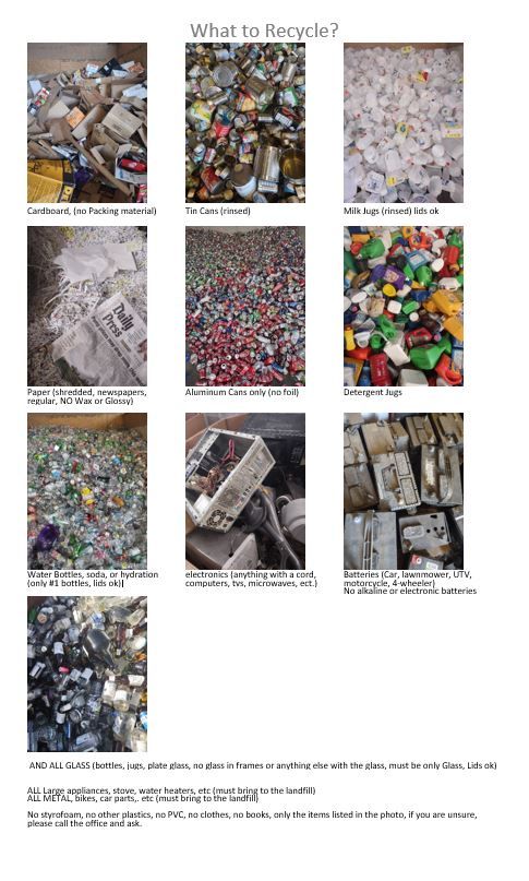 A grid of photos illustrating recyclable materials, including paper, metals, plastics, glass, and electronic waste.