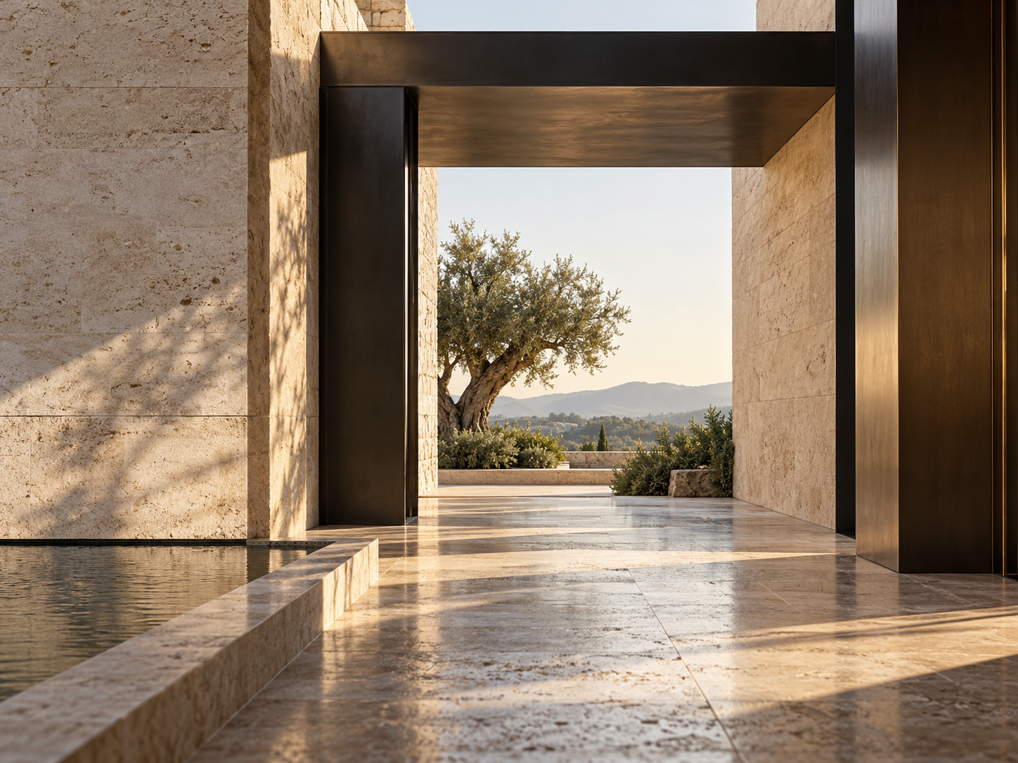 Warm stone architecture opening toward an olive tree and a distant landscape