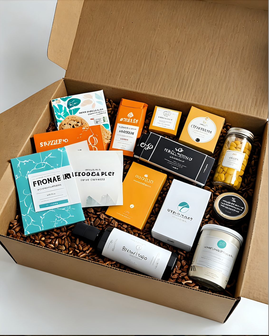 A cardboard box filled with lots of food and drinks.