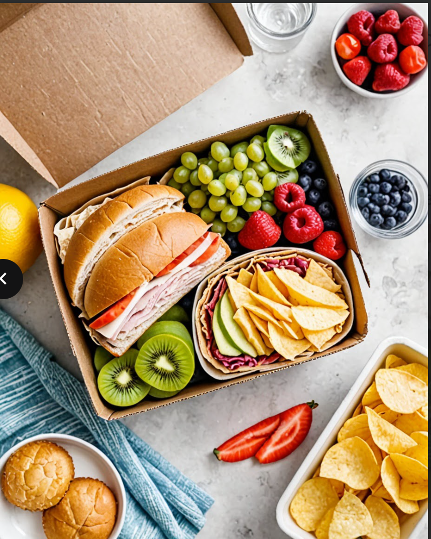 A cardboard box filled with sandwiches , fruit and chips.