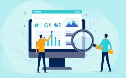 Graphic with a large monitor and two cartoon male figures looking at it curiously.