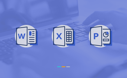 A graphic with the symbols from Microsoft's big 3 - Excel, Word and PowerPoint.