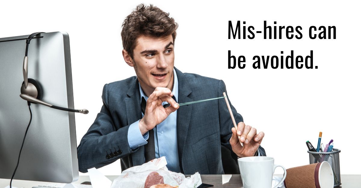 Man avoiding a stapled finger at a desk; text reads, “Mis-hires can be avoided.”