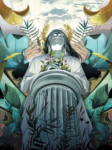 Mythic statue surrounded by leaves and crescent moons in teal and gold tones