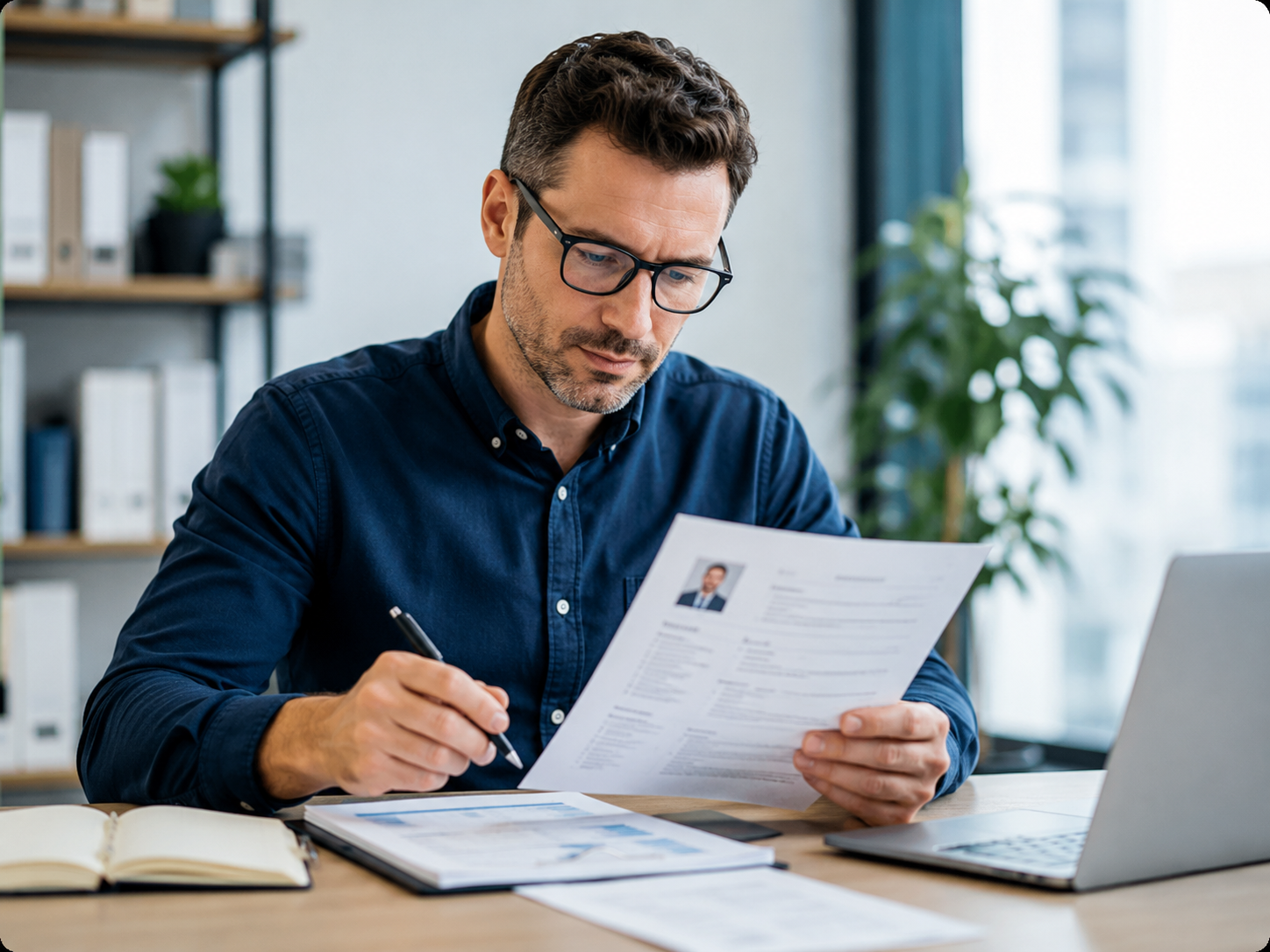 Person reviewing resume for a job applicatant at a desk with a laptop, notebook, and pen in a bright office