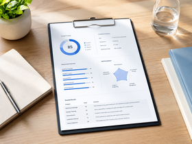 Clipboard with analytics report on desk, showing blue charts with psychometric testing results beside a notebook, plant, and water glass