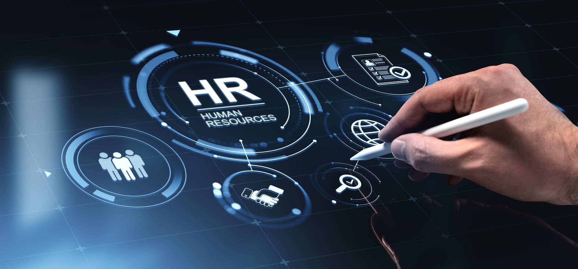 A hand interacting with a glowing HR dashboard in futuristic graphic style on a dark background.