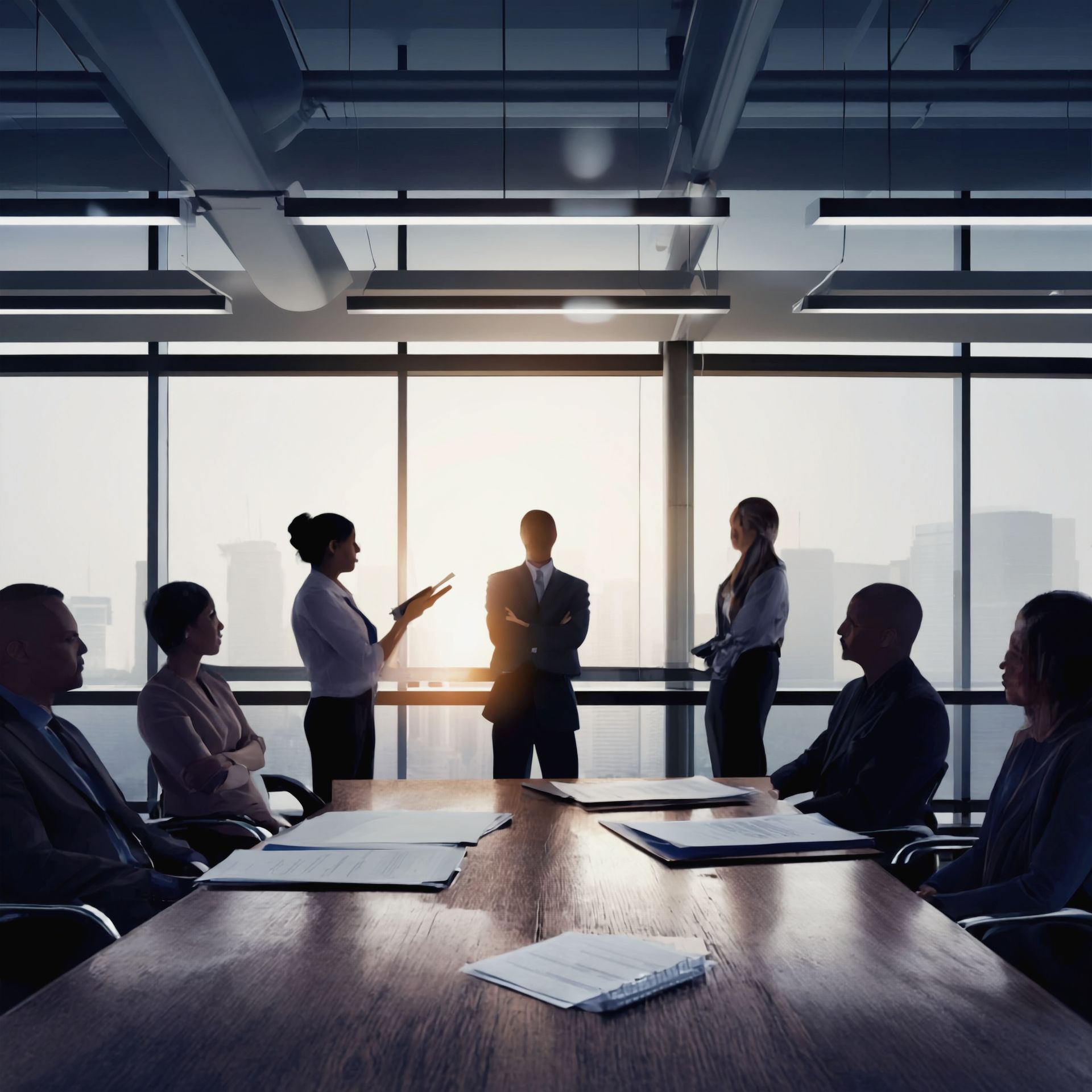 Business meeting in a modern conference room, with silhouetted people around a long table at sunset.