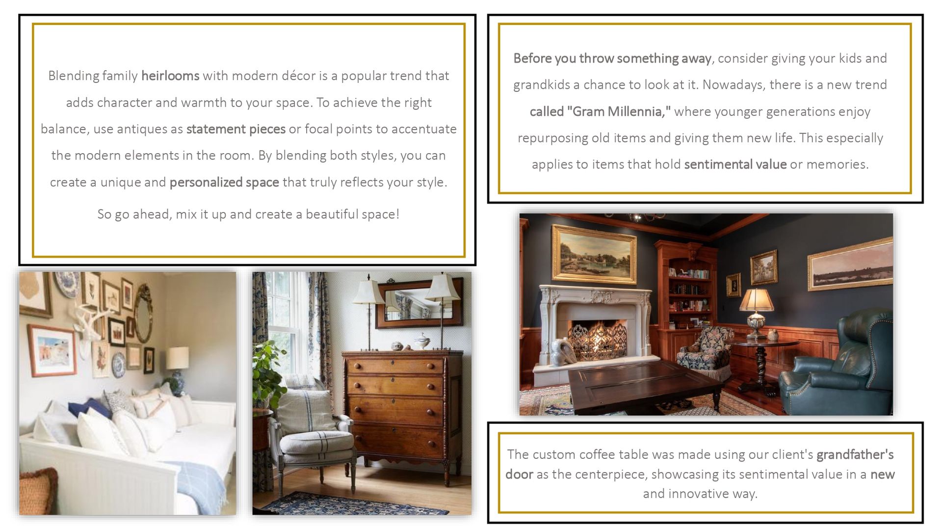 A collage of pictures of a living room with furniture and a fireplace.