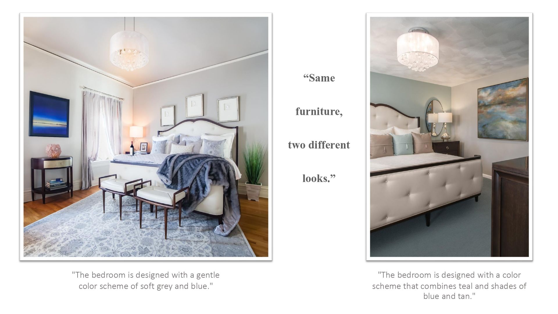 There are two pictures of a bedroom with a bed and a dresser.