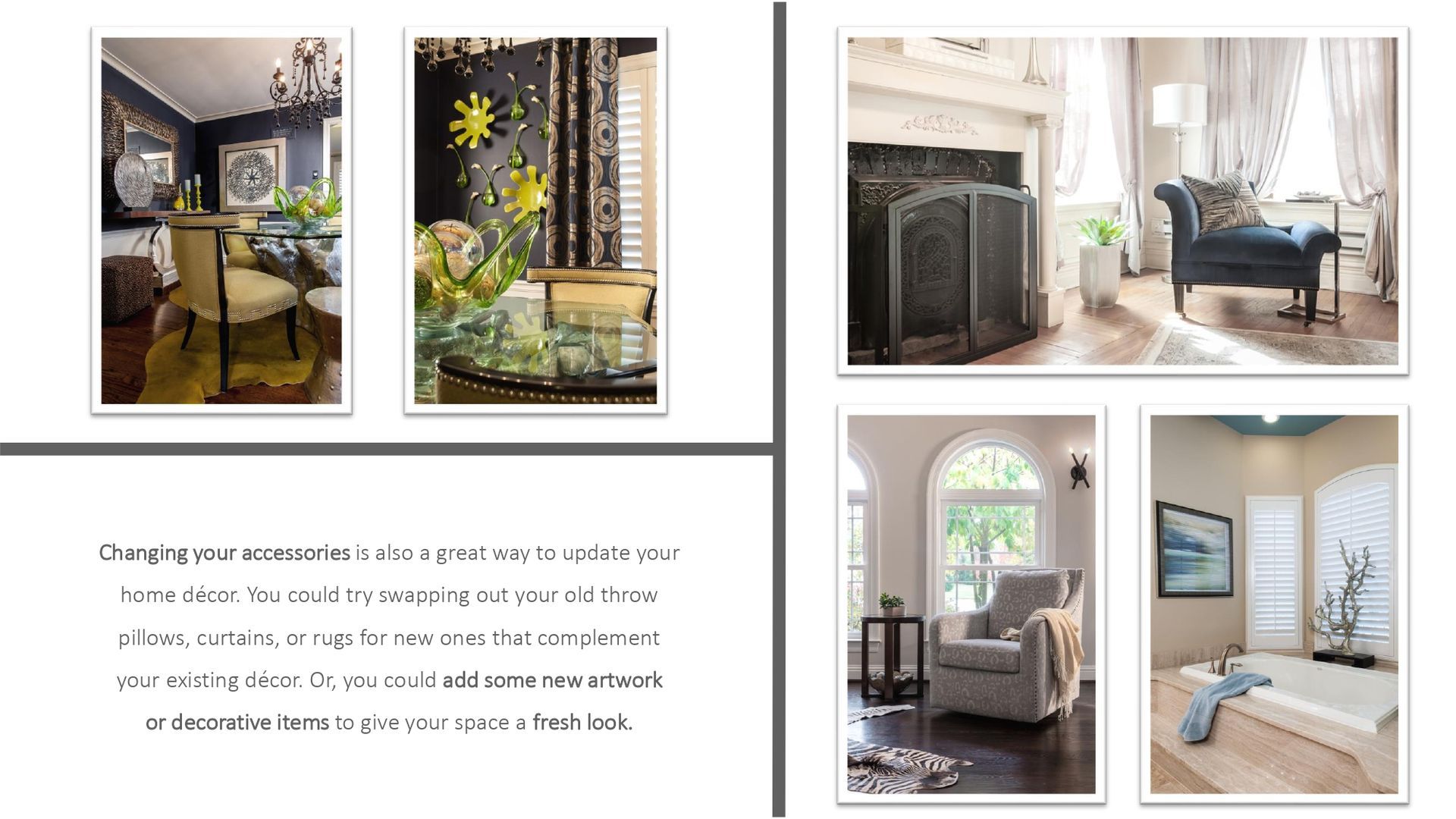A collage of pictures of a living room , dining room , bedroom and fireplace.