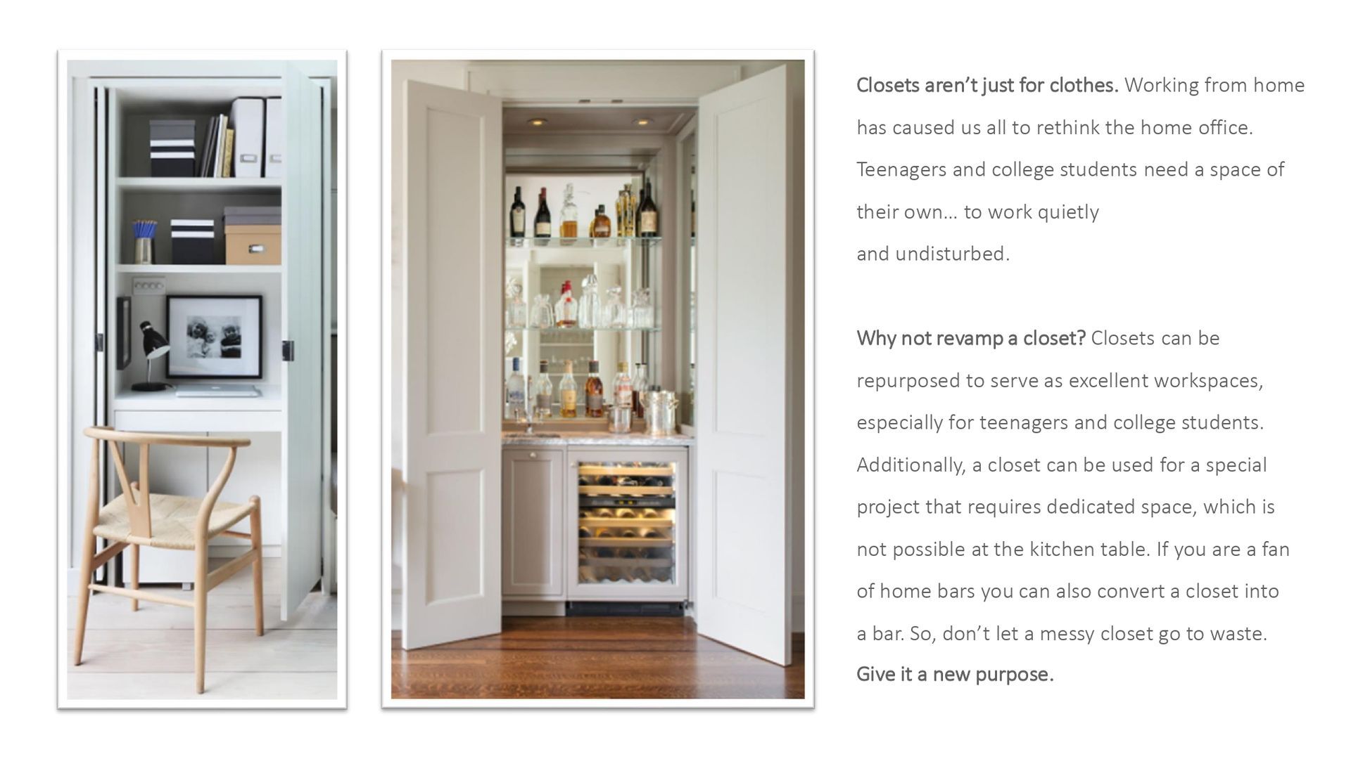 A collage of three pictures of a kitchen with a bar and a chair.