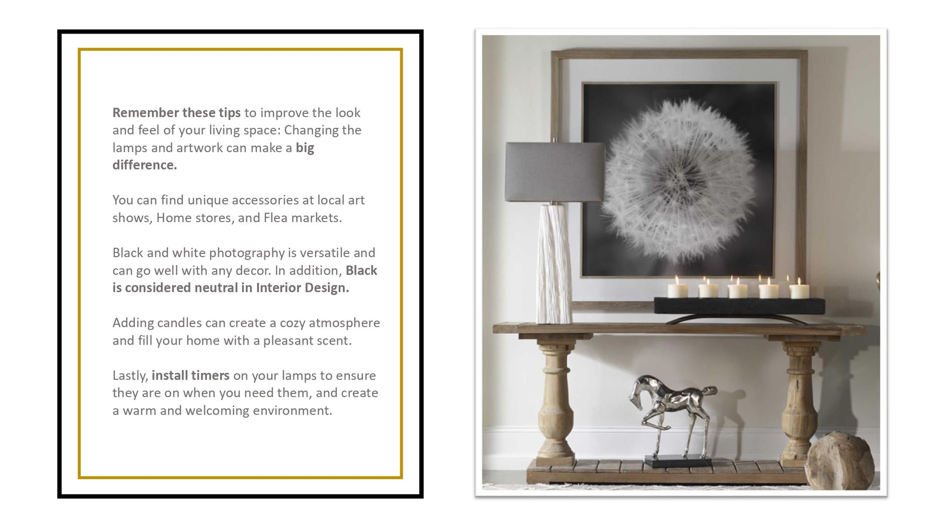 There is a picture of a dandelion on the wall above a table.