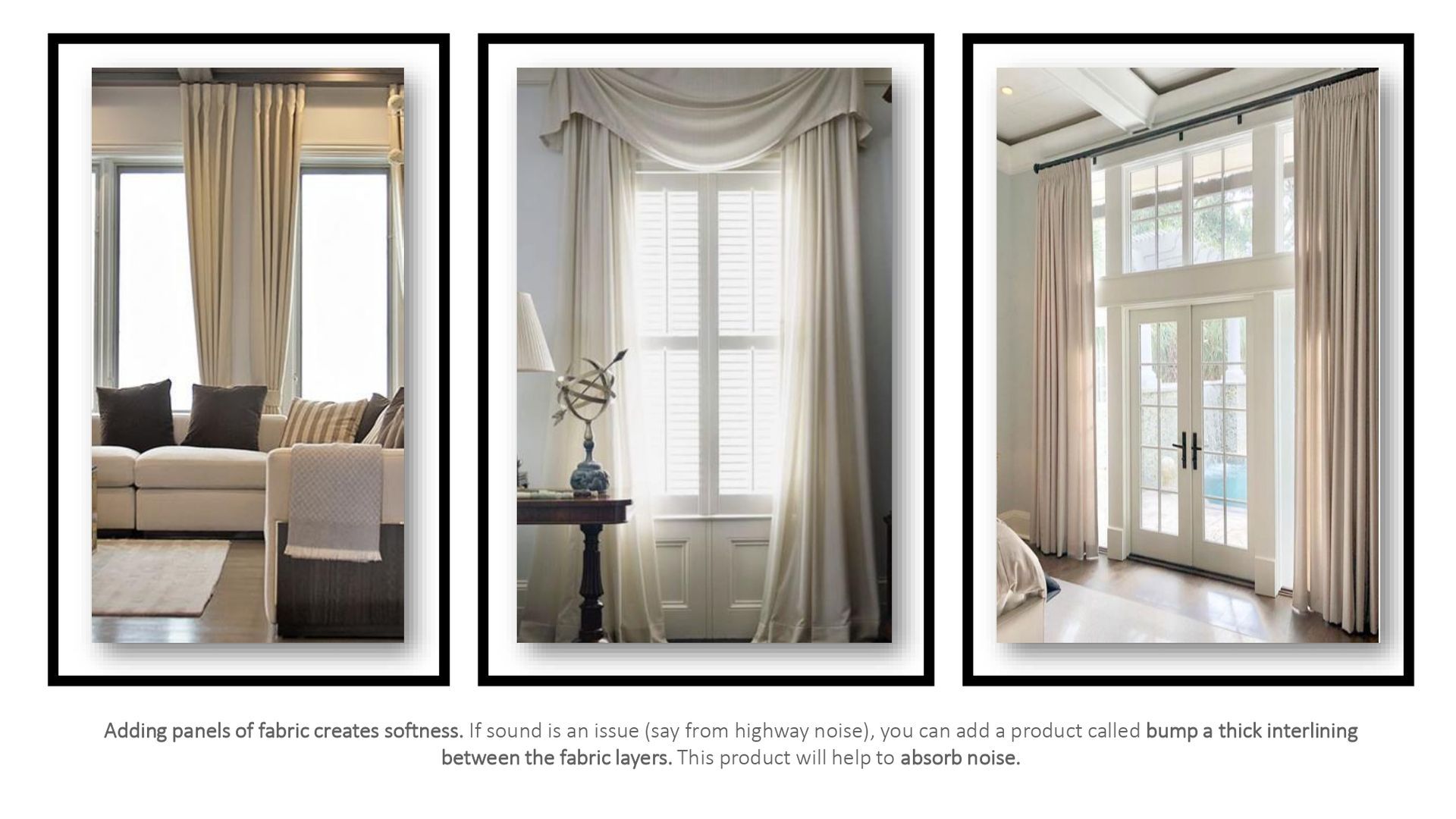 Three pictures of different types of curtains in a living room , bedroom and dining room.