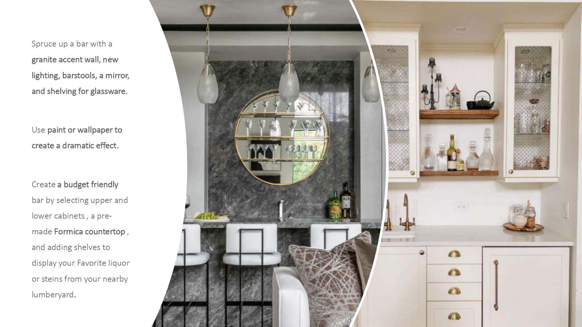 There is a picture of a kitchen and a picture of a bar.