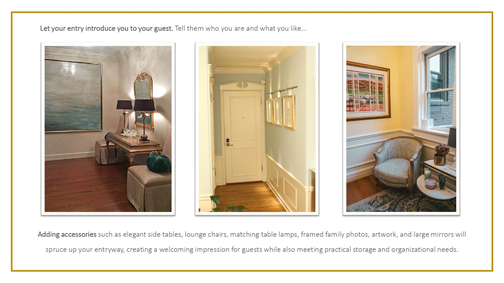 A collage of three pictures of a living room , hallway , and bedroom.