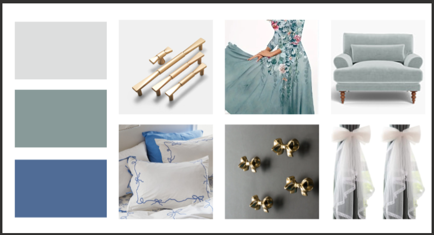 A collage of pictures shows a dress , chair , pillows , and earrings.