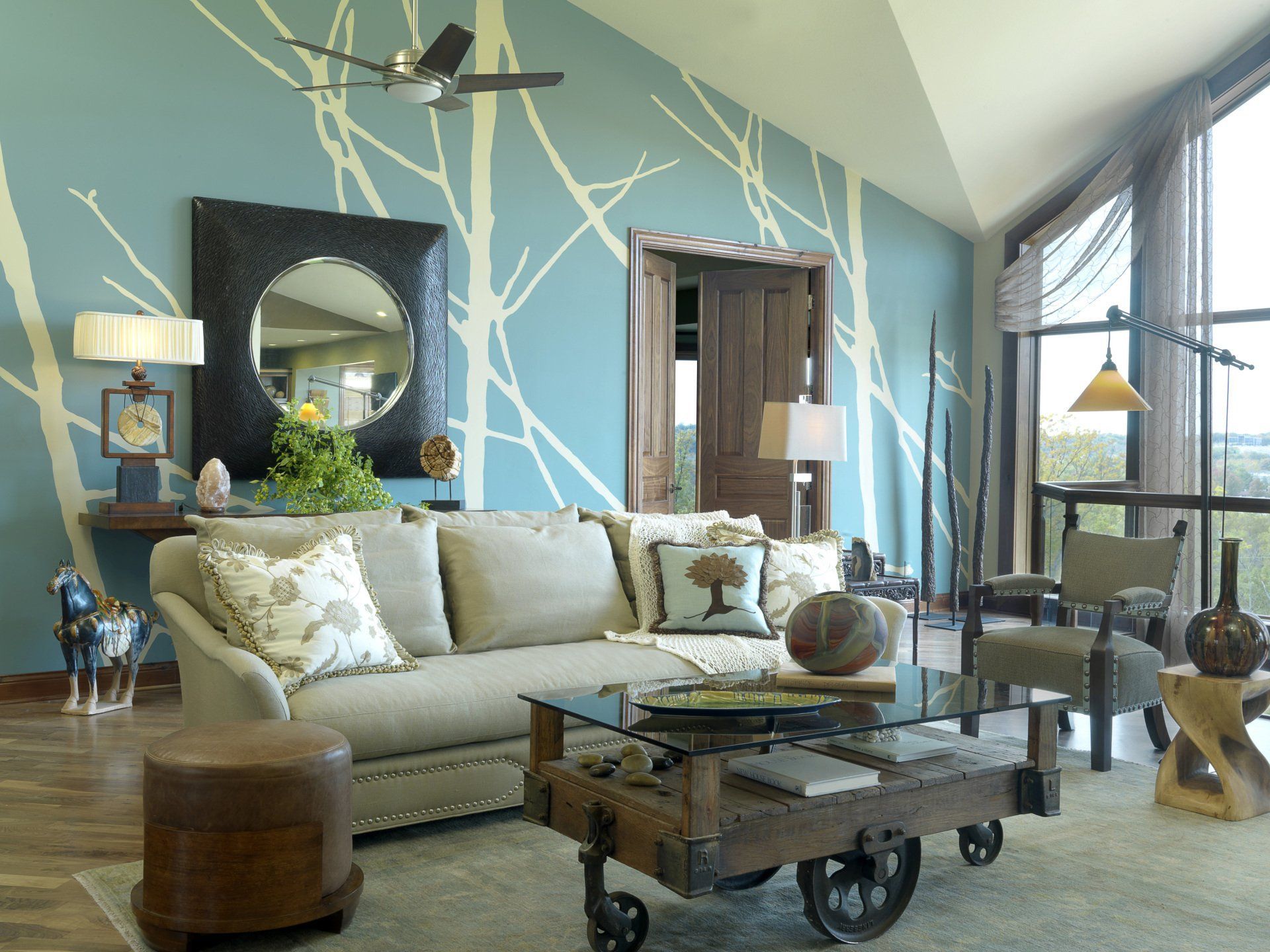 A living room with a couch and a coffee table