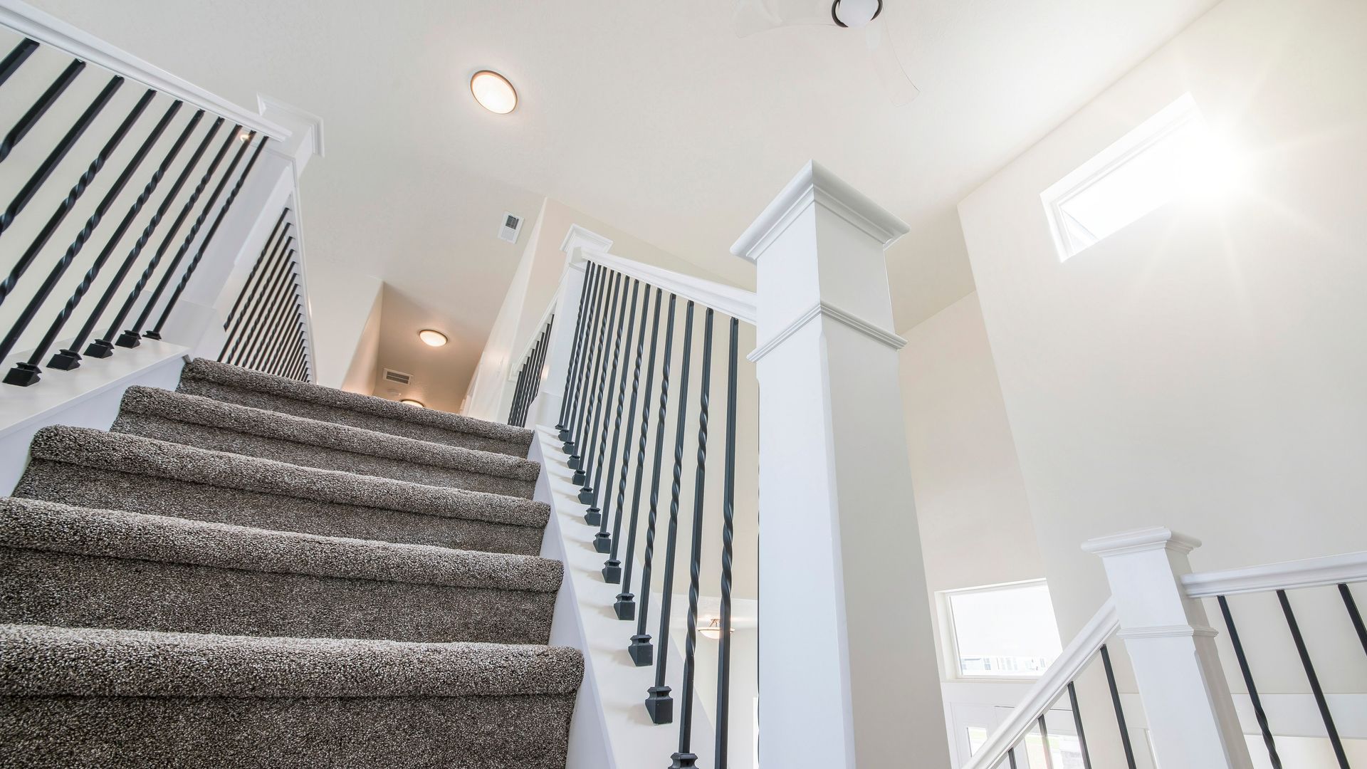 Carpeted staircase with black-and-white railings in a bright white foyer