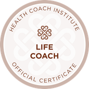 Health Coach Institute official certificate badge for Life Coach, brown and white circular seal