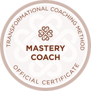 Mastery Coach official certificate seal in brown and beige, labeled “Transformational Coaching Method”