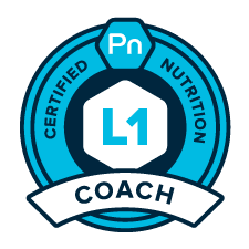 Blue and white Certified Nutrition Coach logo with Pn and L1 badge