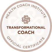 Circular beige “Transformational Coach” official certificate from Health Coach Institute.
