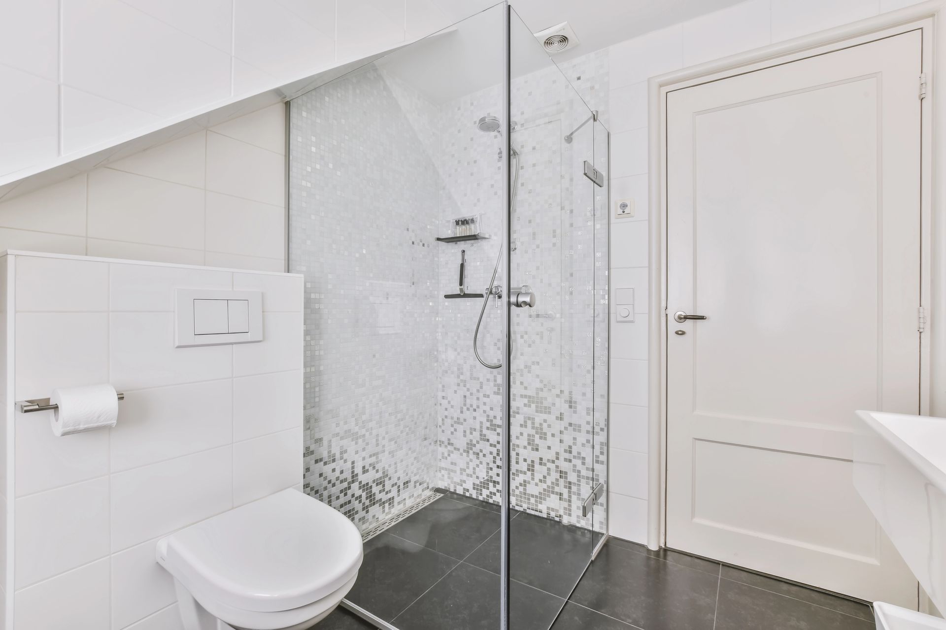 Bagno moderno bianco con WC, doccia in vetro e pavimento in piastrelle scure.
