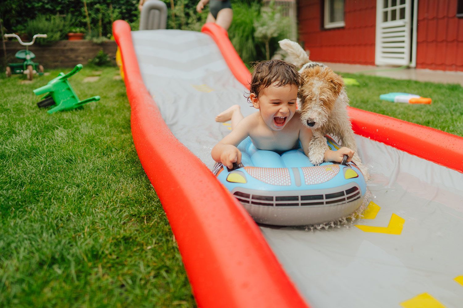 Kid and Dog in Water Slide — Hoffman Estates, IL — Bash Box-Party In A Box