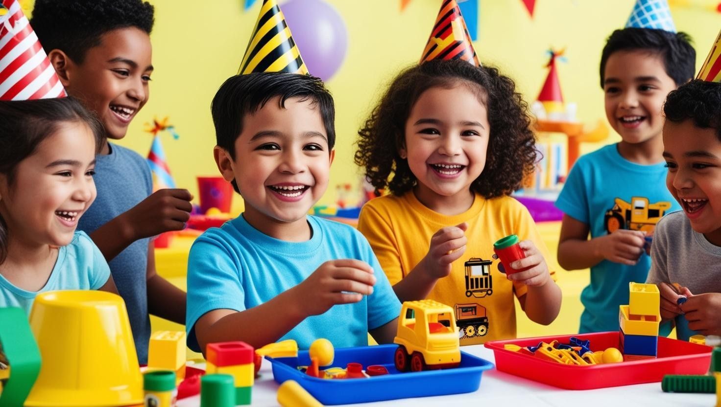 A group of children are playing with toys at a birthday party.