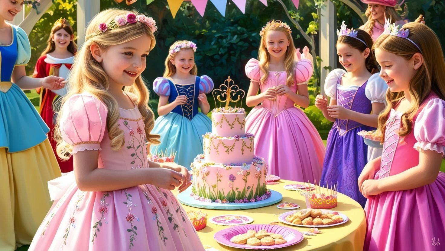 A group of little girls dressed as princesses are standing around a table with a cake.