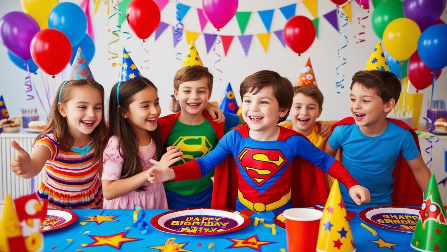 A group of children are sitting at a table at a birthday party.