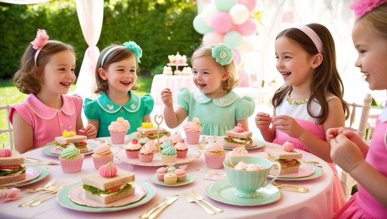 A group of little girls are sitting at a table with cupcakes and sandwiches.