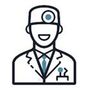 A line drawing of a doctor wearing a hat and tie.
