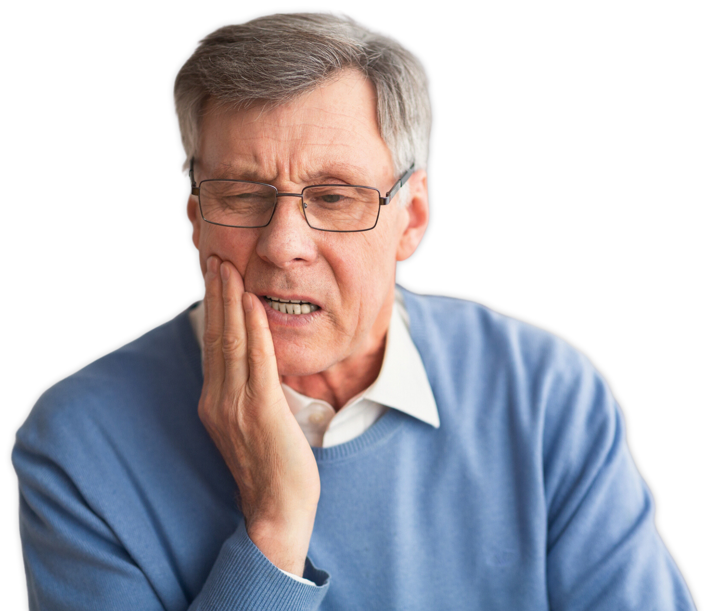 A man in a blue sweater and glasses is holding his mouth in pain.