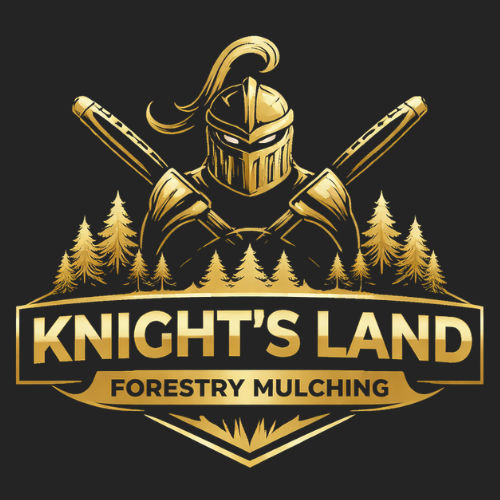 A gold-colored logo of a knight in armor behind pine trees, with "KNIGHT'S LAND FORESTRY MULCHING" text on a black background.