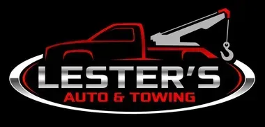 Lester’s Auto & Towing logo with red tow truck and hook on black background